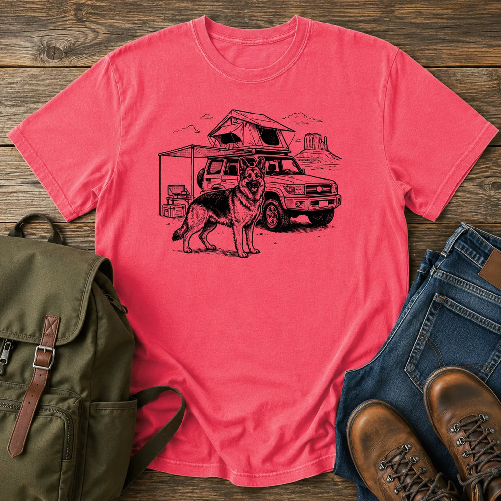 German Shepherd rig camp overlanding scene t-shirt design