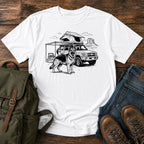 German Shepherd rig camp overlanding scene t-shirt design