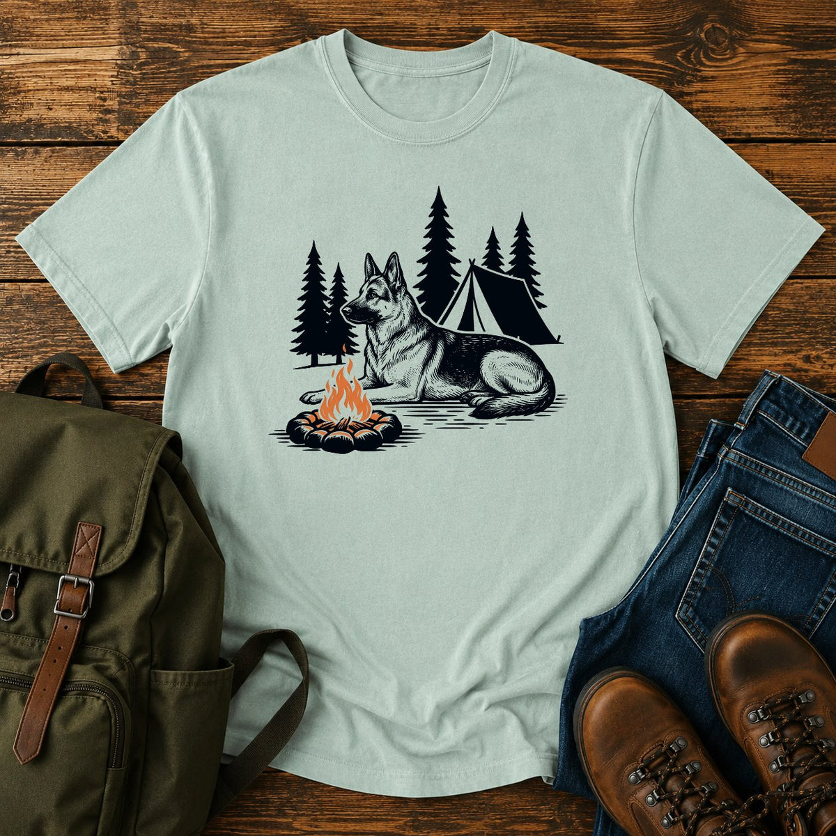 German Shepherd pine shadow camping dog on a t-shirt design