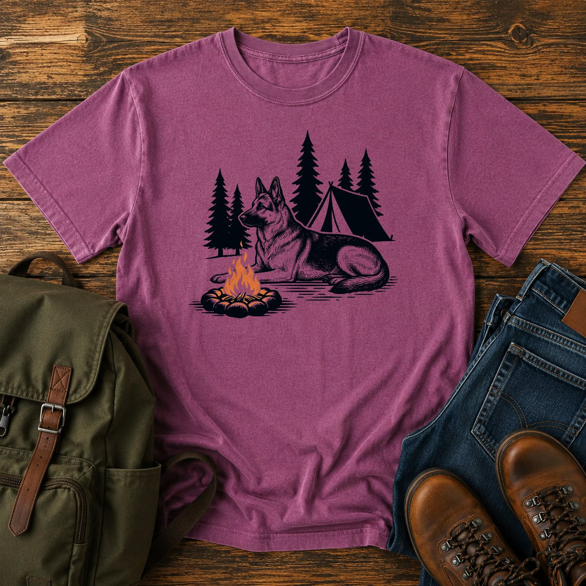 German Shepherd pine shadow camping dog on a t-shirt design