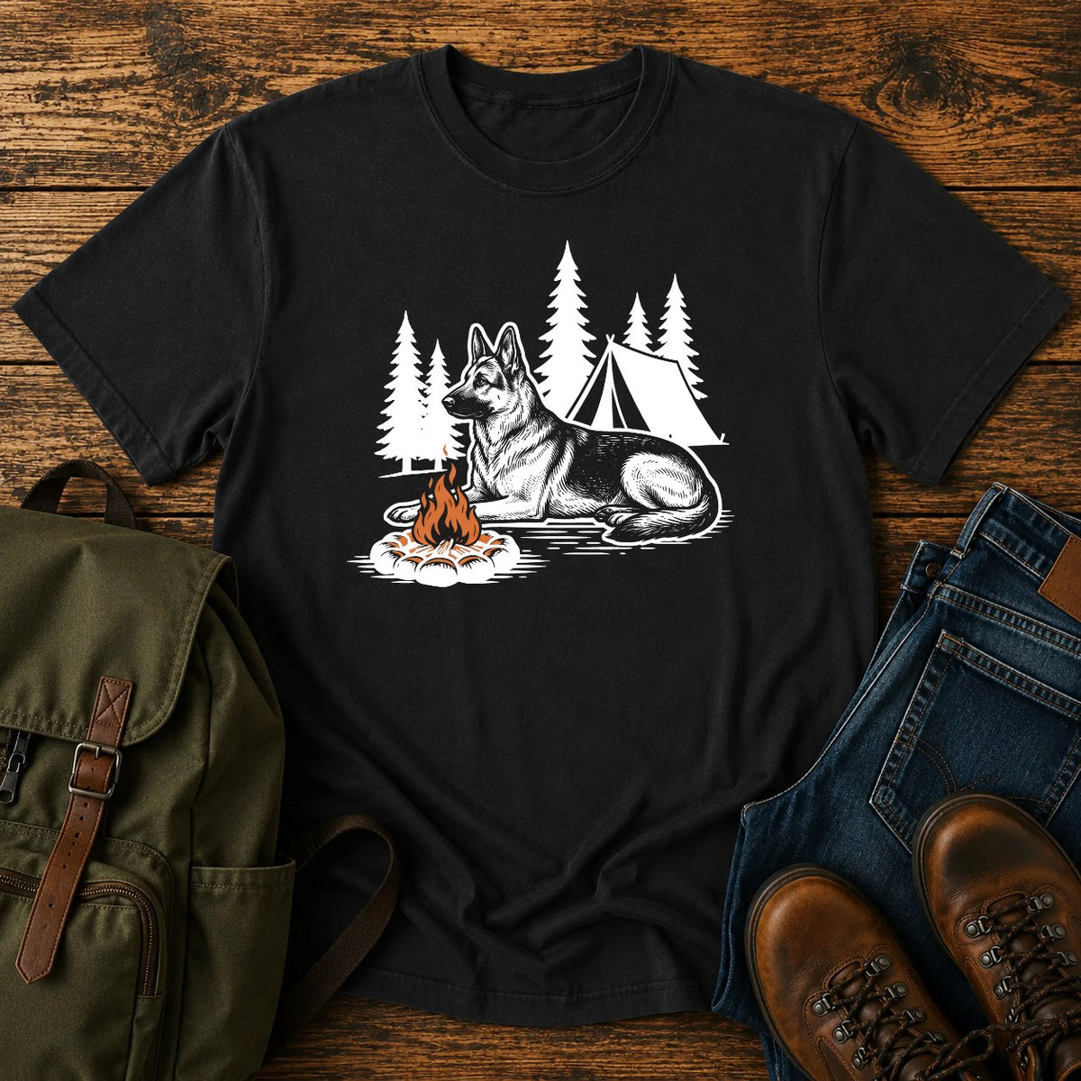 German Shepherd pine shadow camping dog on a t-shirt design