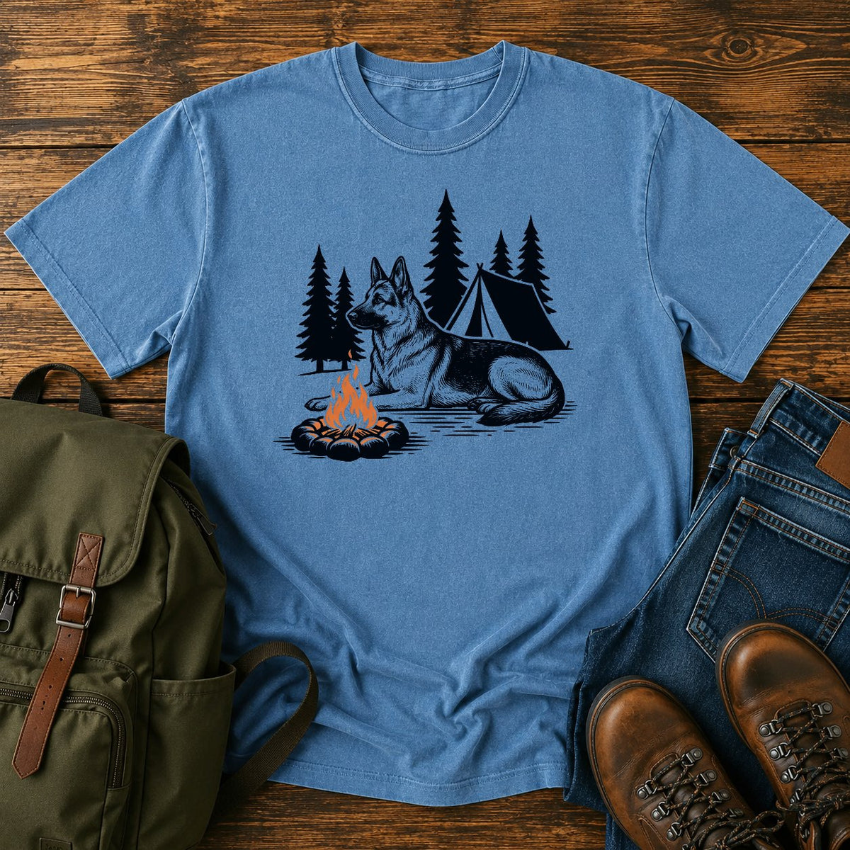 German Shepherd pine shadow camping dog on a t-shirt design