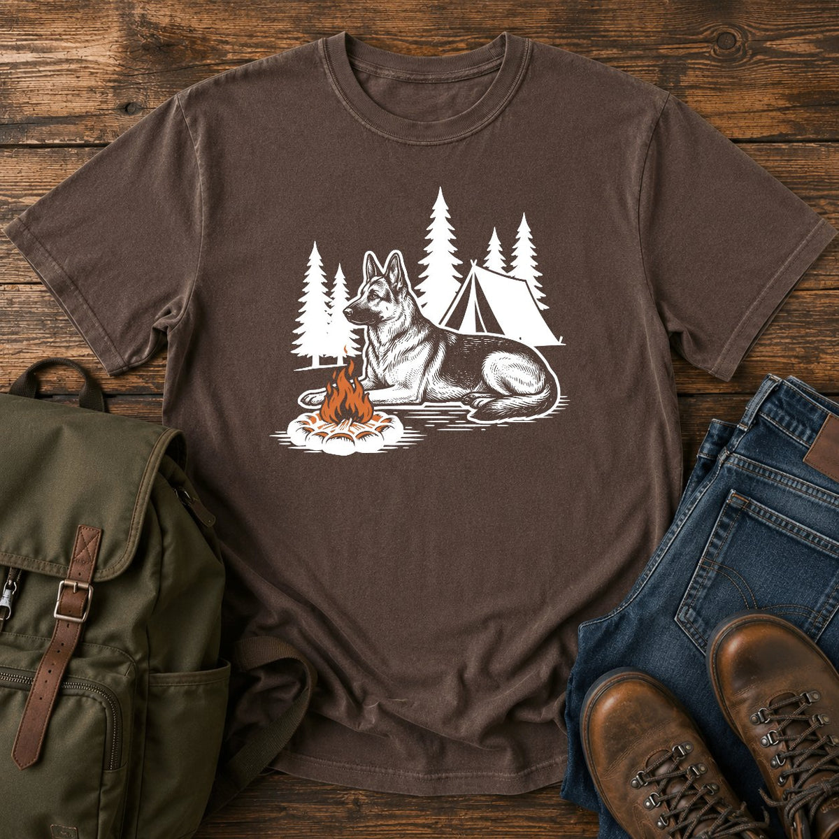 German Shepherd pine shadow camping dog on a t-shirt design