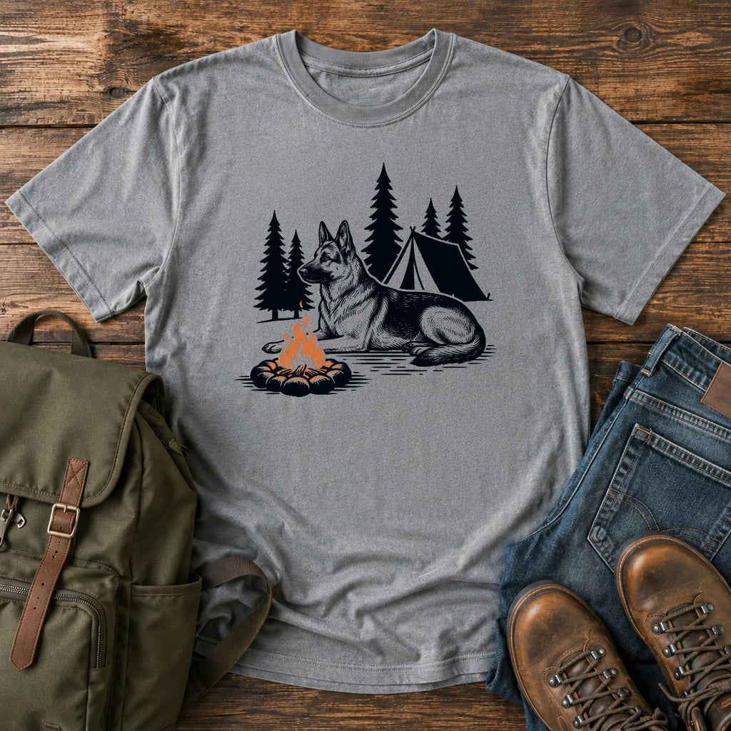 German Shepherd pine shadow camping dog on a t-shirt design