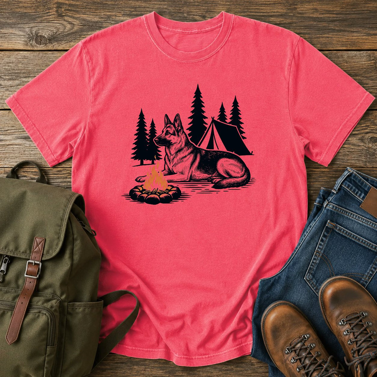 German Shepherd pine shadow camping dog on a t-shirt design