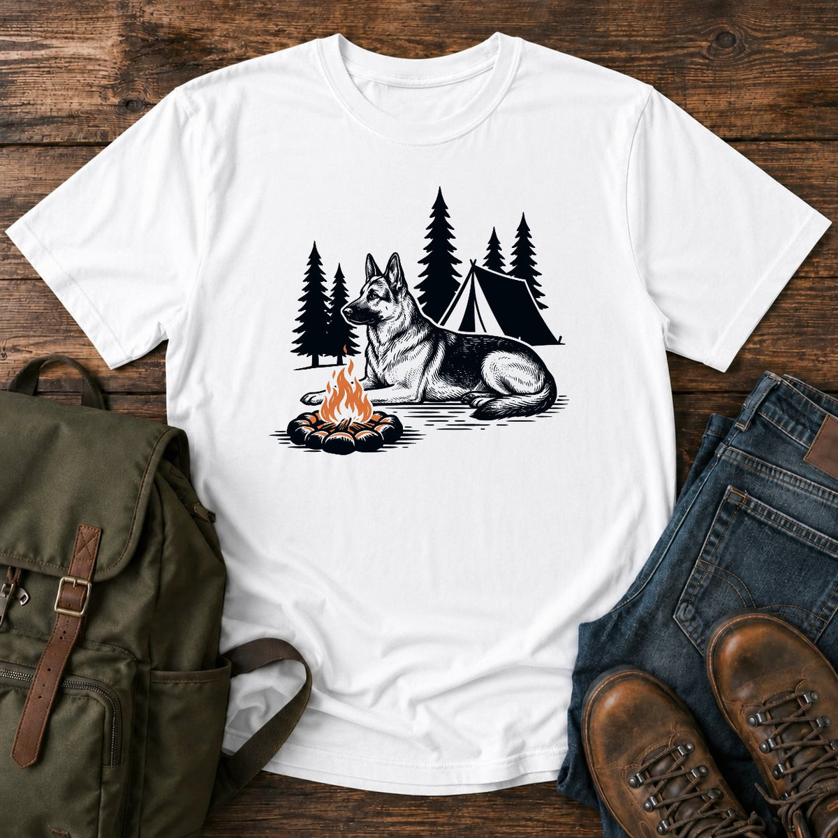 German Shepherd pine shadow camping dog on a t-shirt design