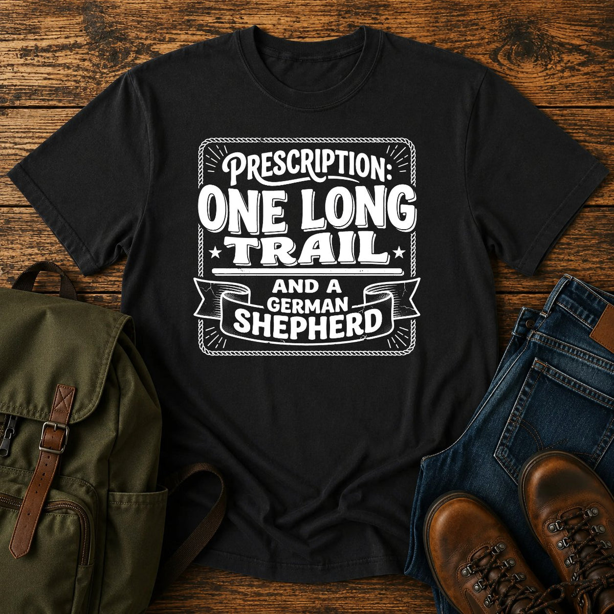 German Shepherd prescription trail t-shirt design with vintage medical typography