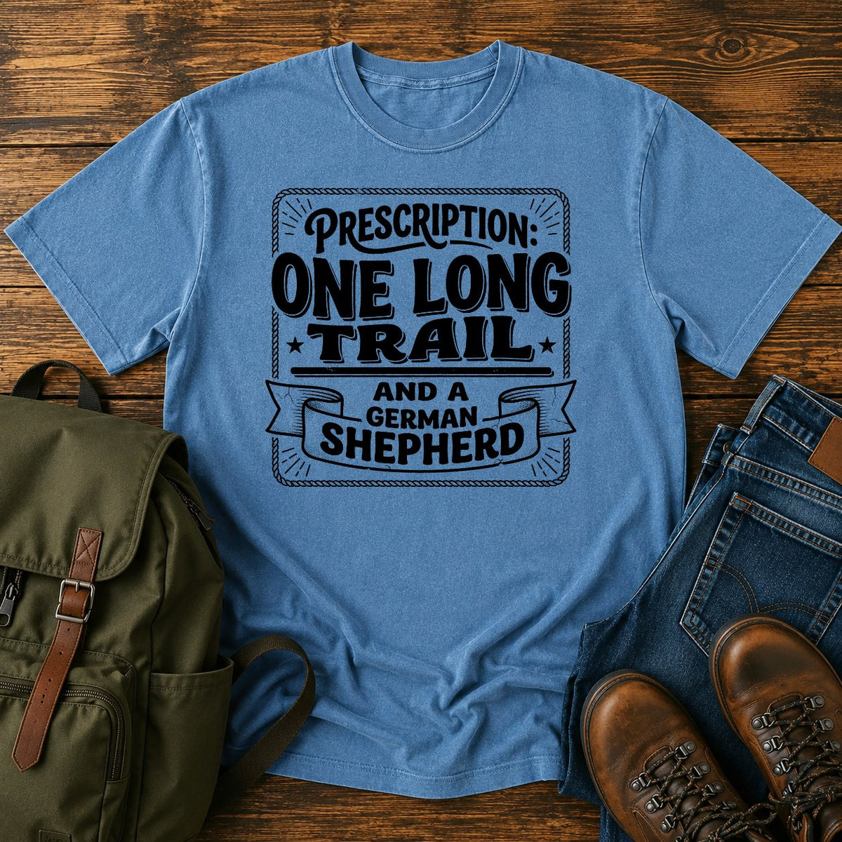 German Shepherd prescription trail t-shirt design with vintage medical typography