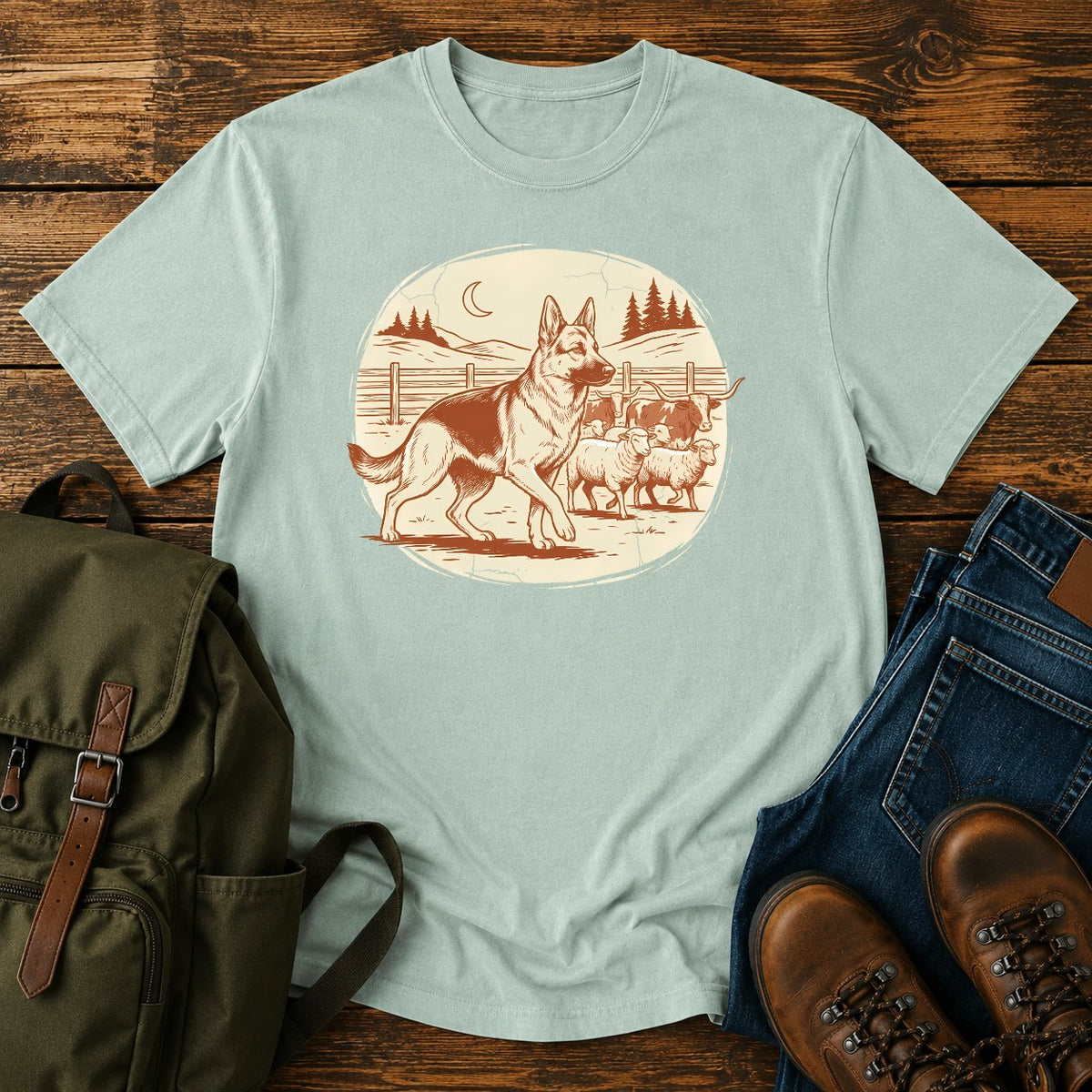 German Shepherd ranch work t-shirt design with herding scene and western styling