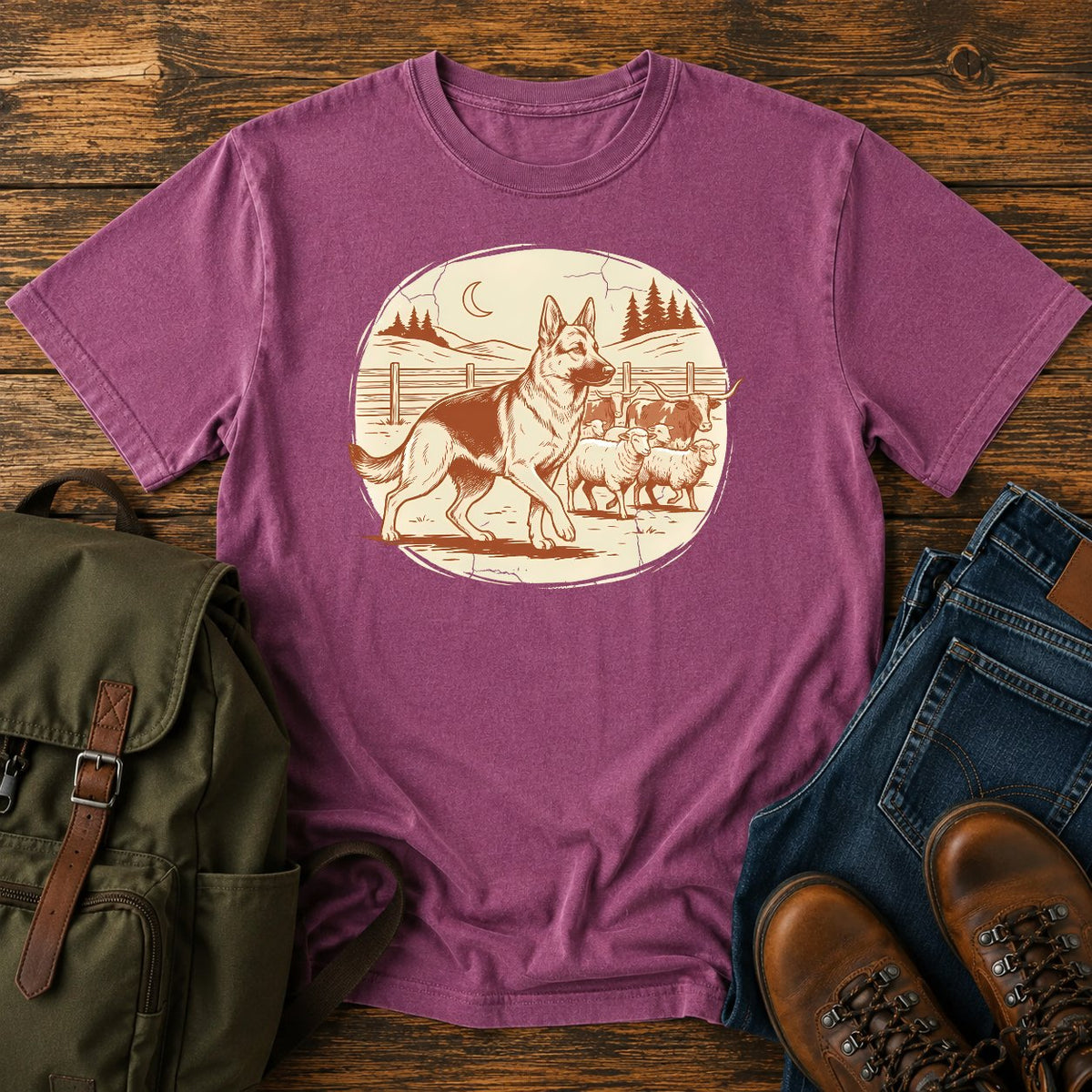 German Shepherd ranch work t-shirt design with herding scene and western styling