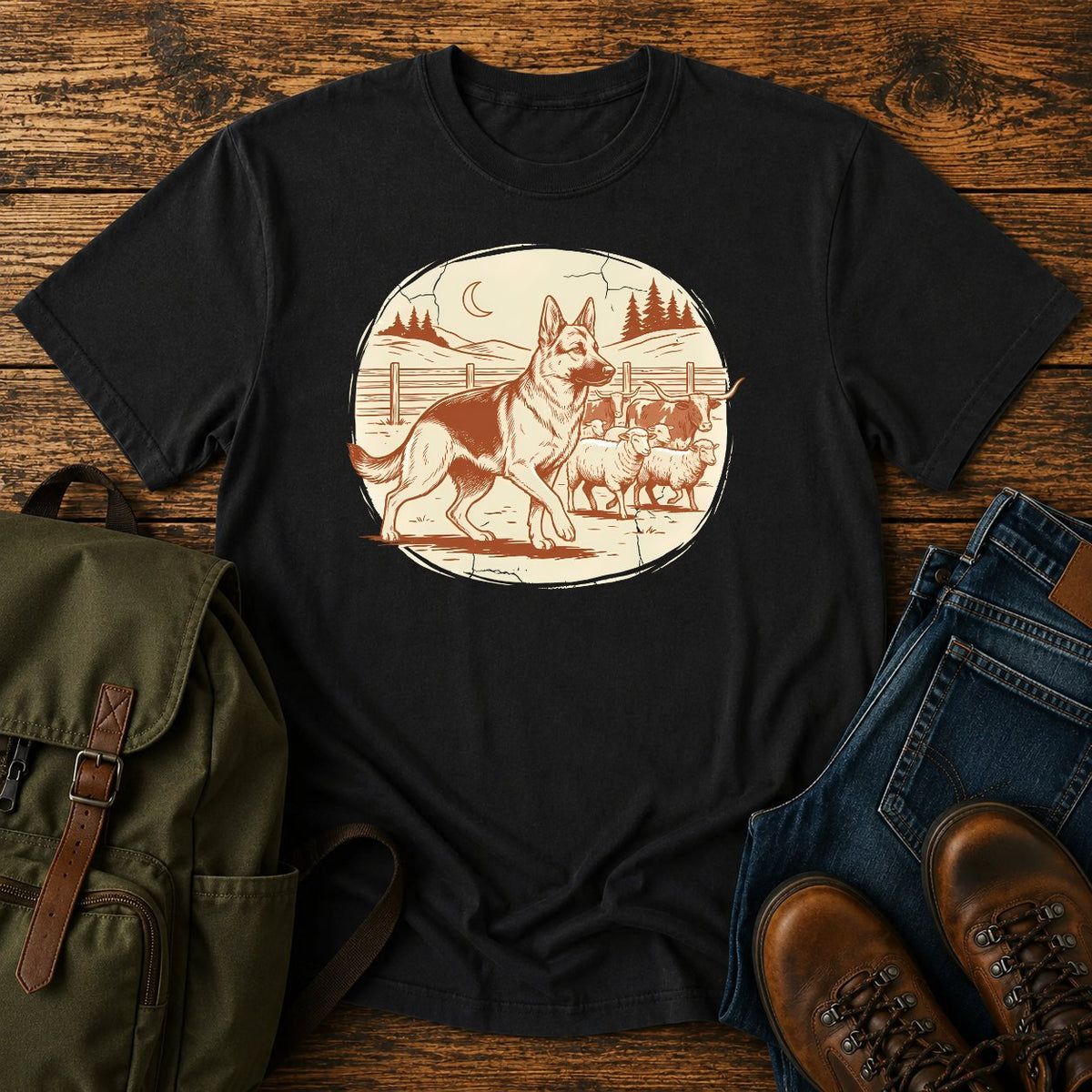 German Shepherd ranch work t-shirt design with herding scene and western styling