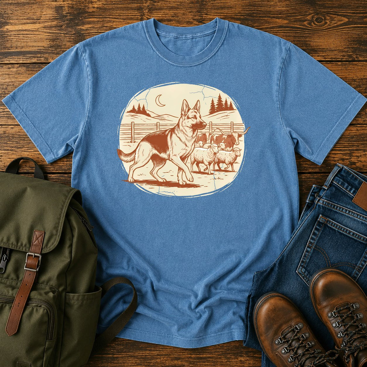 German Shepherd ranch work t-shirt design with herding scene and western styling