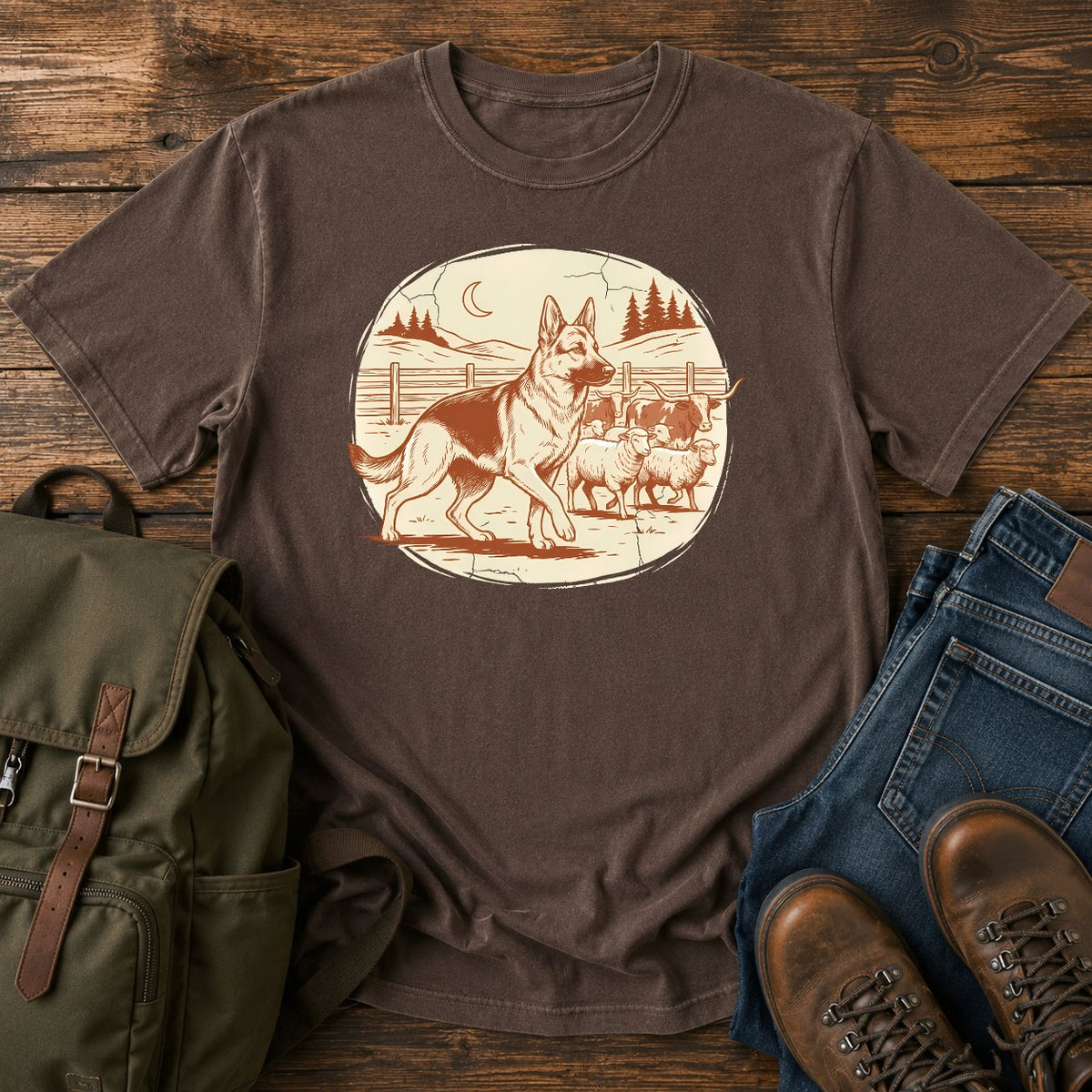 German Shepherd ranch work t-shirt design with herding scene and western styling