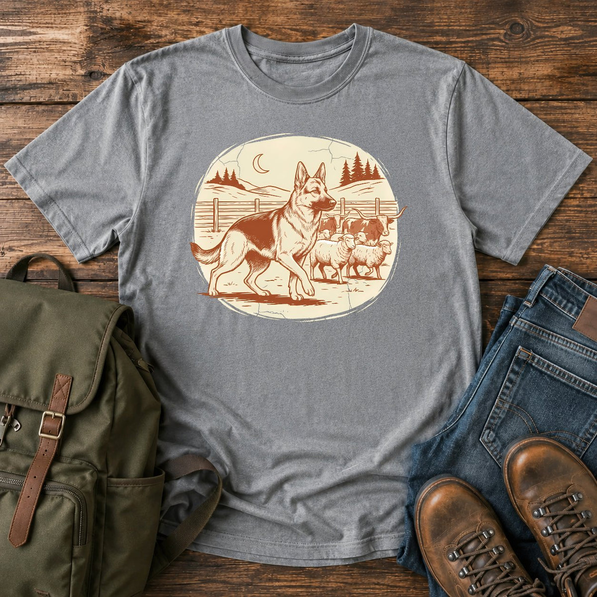 German Shepherd ranch work t-shirt design with herding scene and western styling