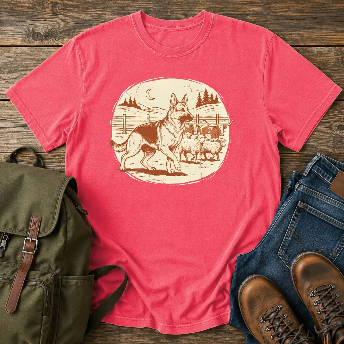 German Shepherd ranch work t-shirt design with herding scene and western styling