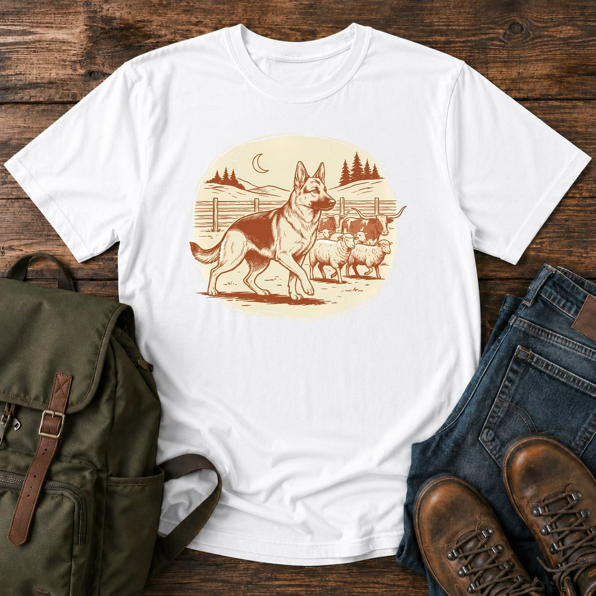 German Shepherd ranch work t-shirt design with herding scene and western styling