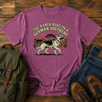 German Shepherd ranch dog t-shirt design with cattle fence and western sunset