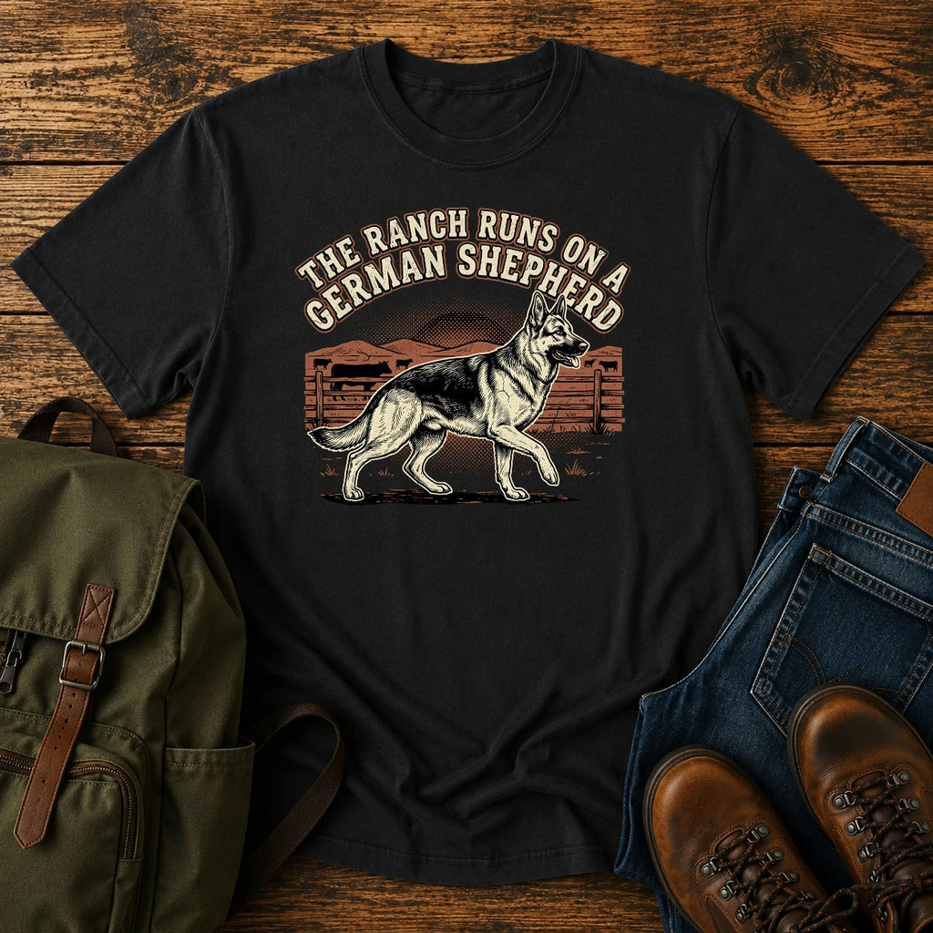 German Shepherd ranch dog t-shirt design with cattle fence and western sunset
