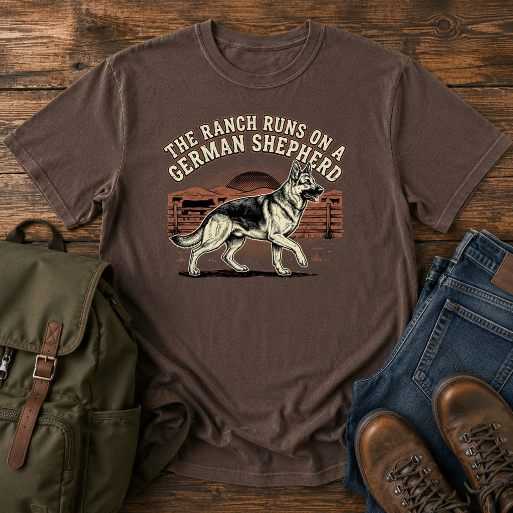German Shepherd ranch dog t-shirt design with cattle fence and western sunset