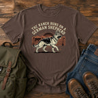 German Shepherd ranch dog t-shirt design with cattle fence and western sunset