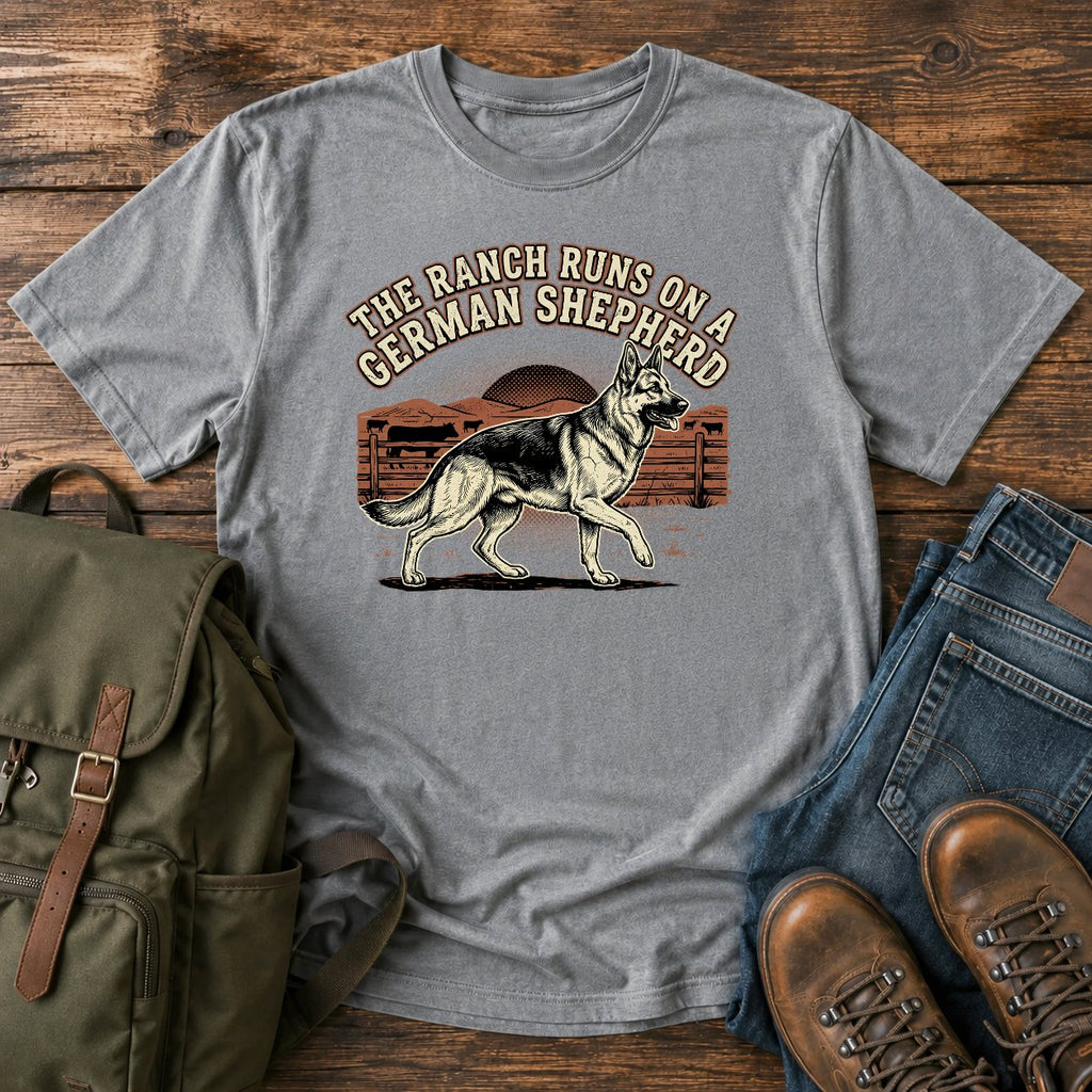 German Shepherd ranch dog t-shirt design with cattle fence and western sunset