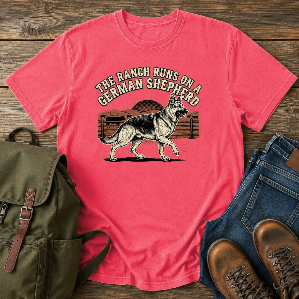 German Shepherd ranch dog t-shirt design with cattle fence and western sunset
