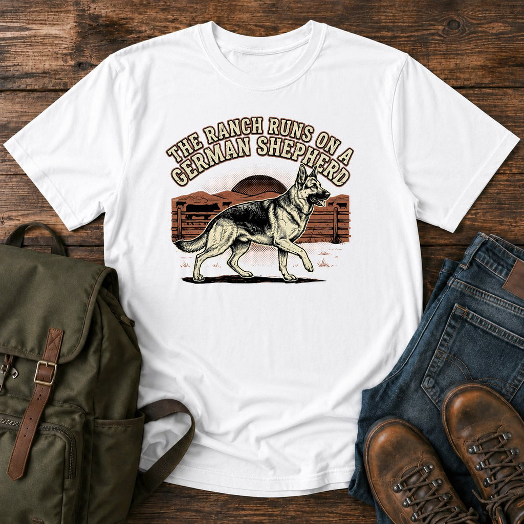 German Shepherd ranch dog t-shirt design with cattle fence and western sunset
