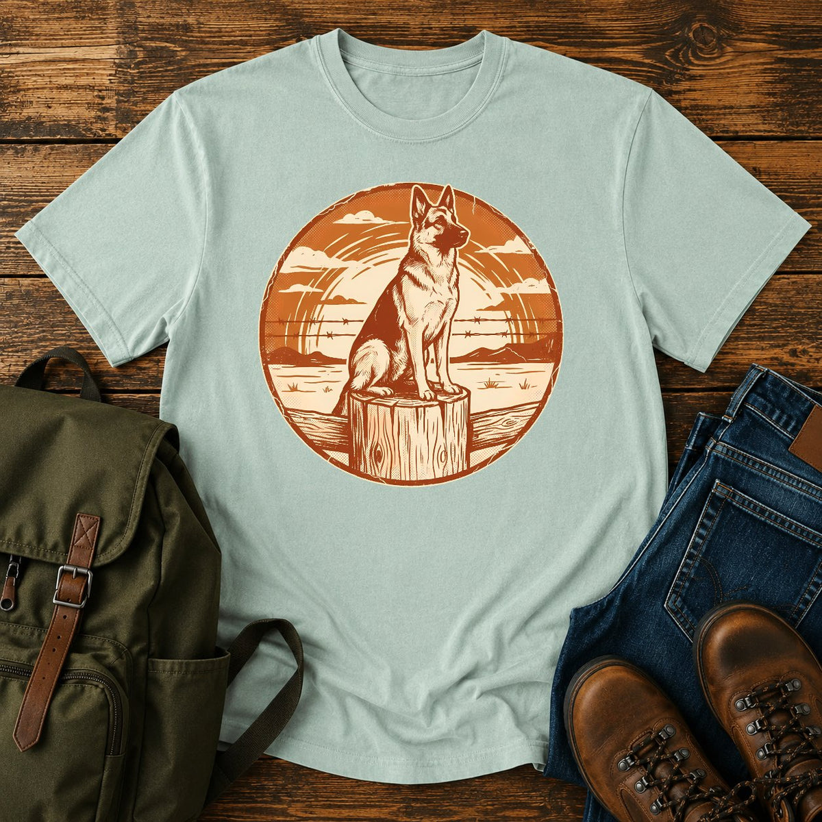 German Shepherd ranch sunset t-shirt design with a working dog fence-line scene