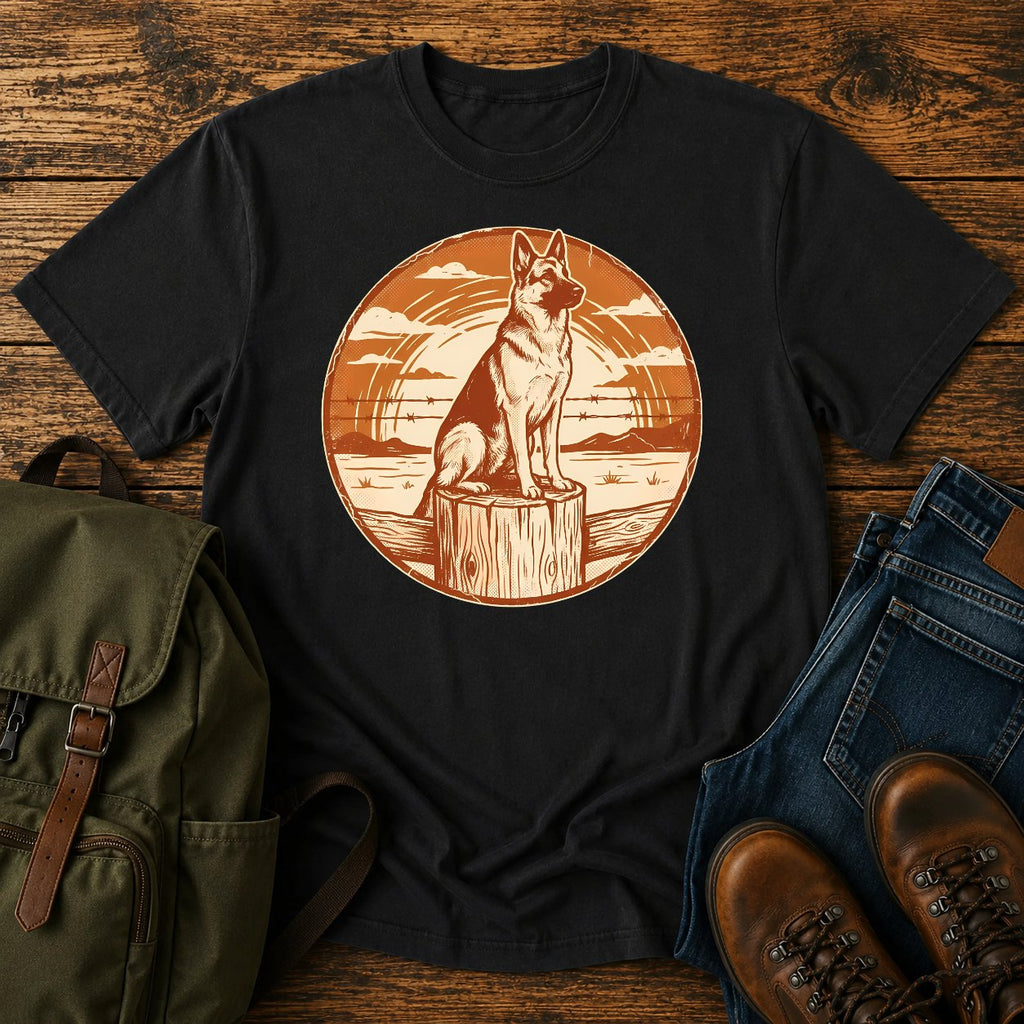 German Shepherd ranch sunset t-shirt design with a working dog fence-line scene