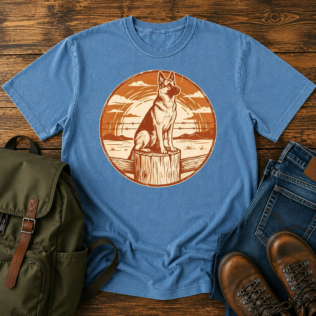 German Shepherd ranch sunset t-shirt design with a working dog fence-line scene