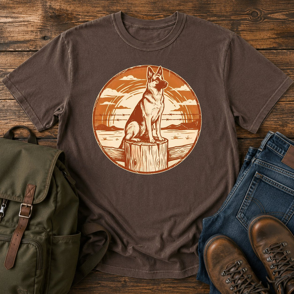 German Shepherd ranch sunset t-shirt design with a working dog fence-line scene