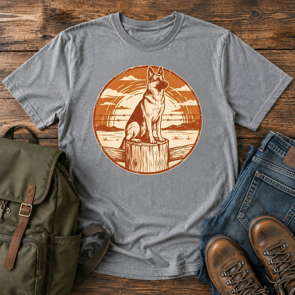 German Shepherd ranch sunset t-shirt design with a working dog fence-line scene