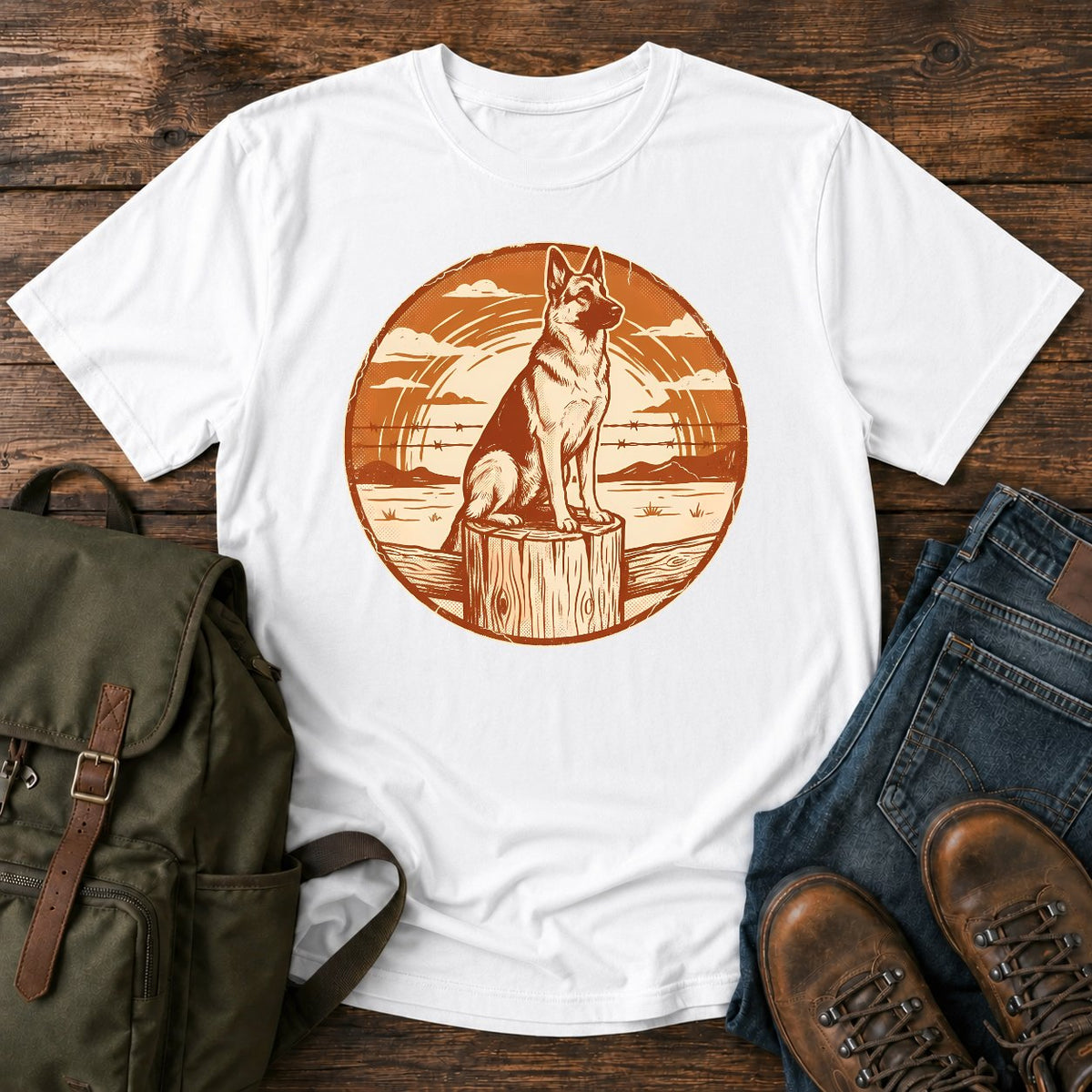 German Shepherd ranch sunset t-shirt design with a working dog fence-line scene