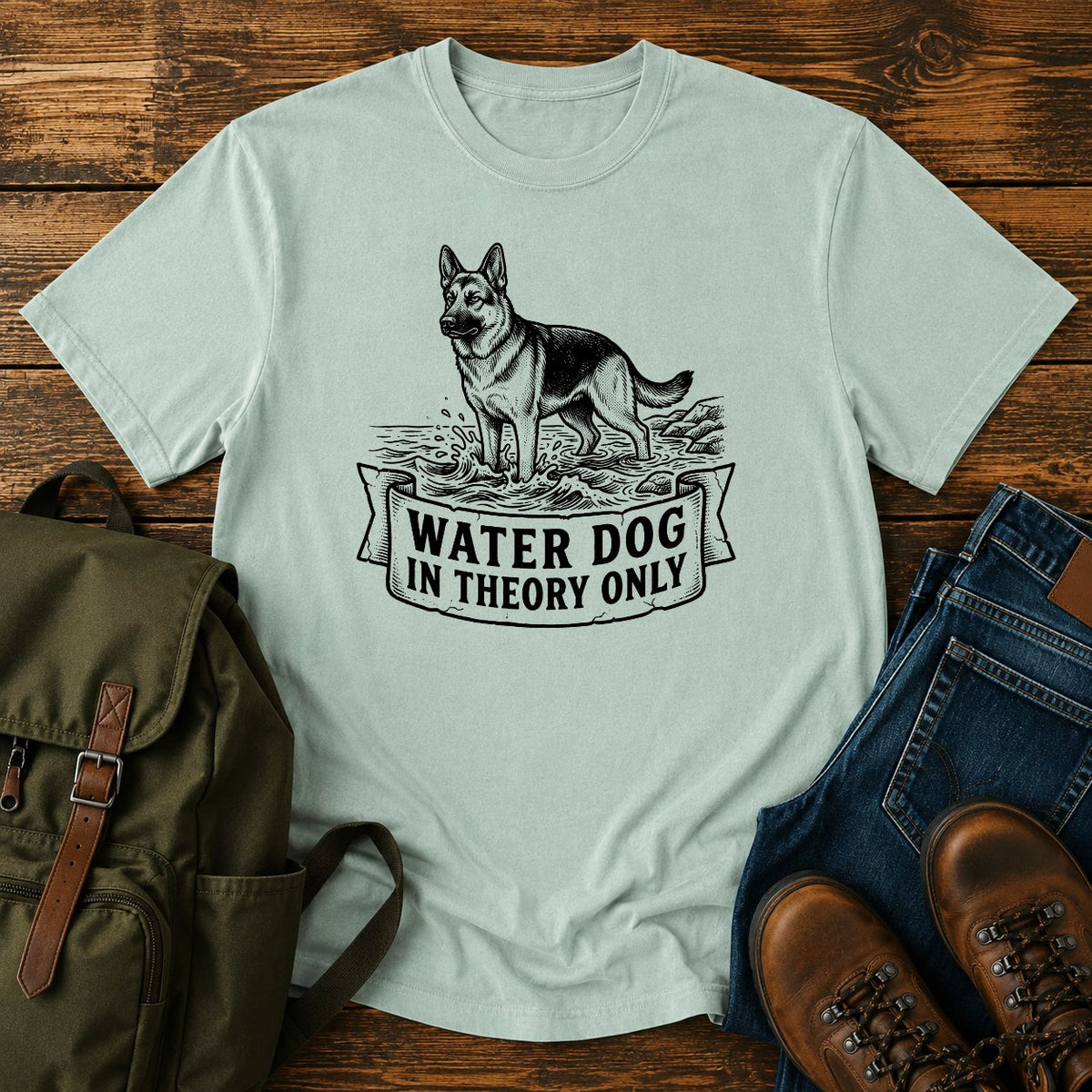 German Shepherd reluctant swimmer paddling t-shirt design with Water Dog text.