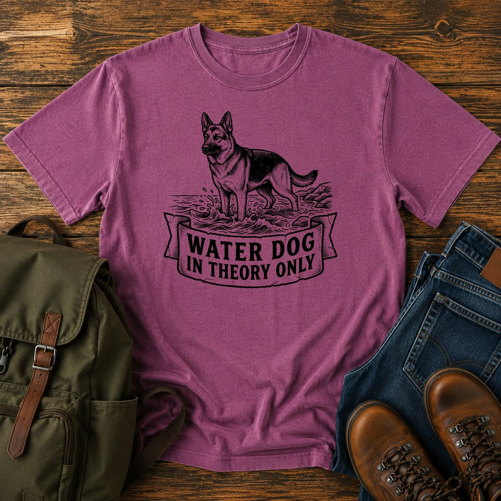 German Shepherd reluctant swimmer paddling t-shirt design with Water Dog text.