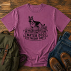 German Shepherd reluctant swimmer paddling t-shirt design with Water Dog text.