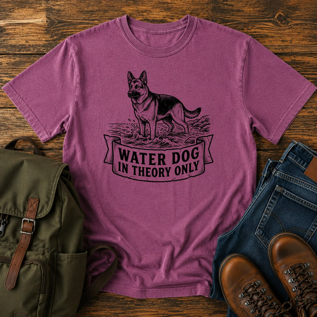 German Shepherd reluctant swimmer paddling t-shirt design with Water Dog text.