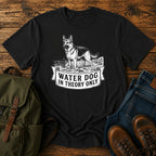 German Shepherd reluctant swimmer paddling t-shirt design with Water Dog text.