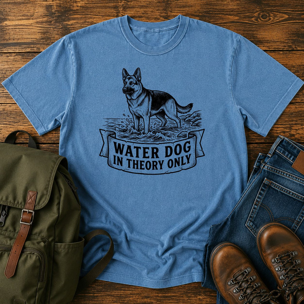 German Shepherd reluctant swimmer paddling t-shirt design with Water Dog text.