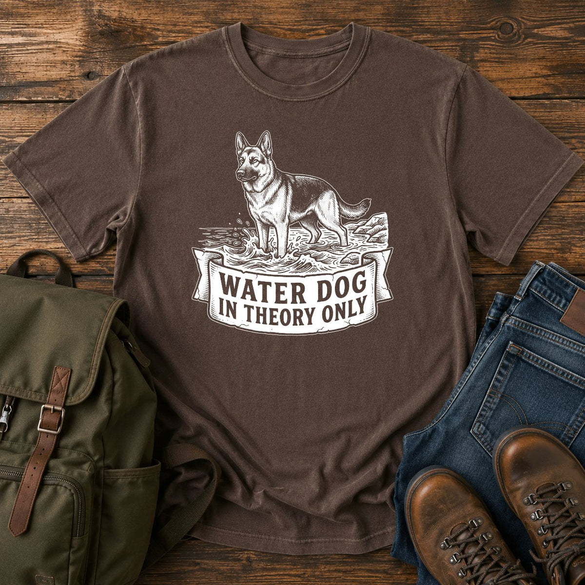 German Shepherd reluctant swimmer paddling t-shirt design with Water Dog text.
