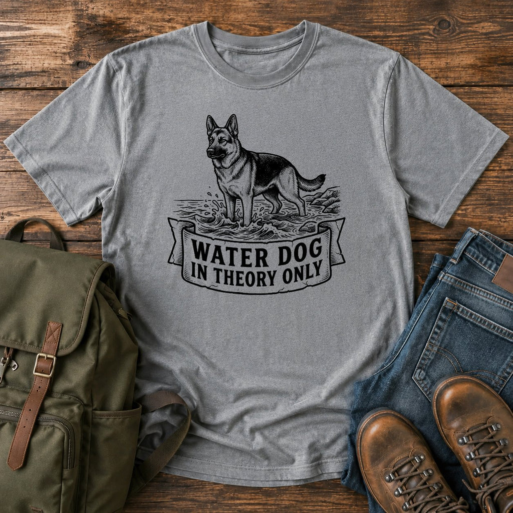 German Shepherd reluctant swimmer paddling t-shirt design with Water Dog text.