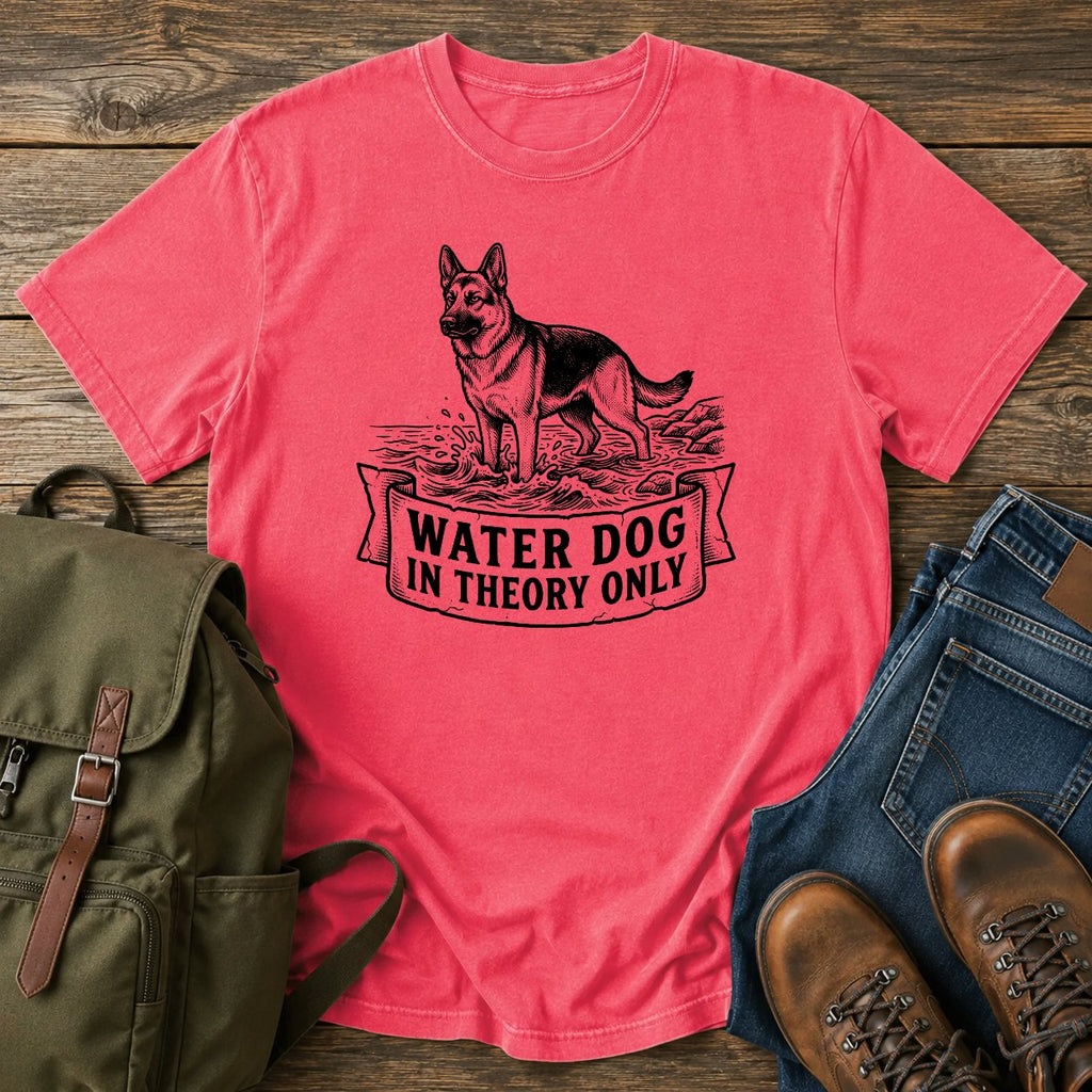 German Shepherd reluctant swimmer paddling t-shirt design with Water Dog text.