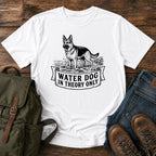 German Shepherd reluctant swimmer paddling t-shirt design with Water Dog text.