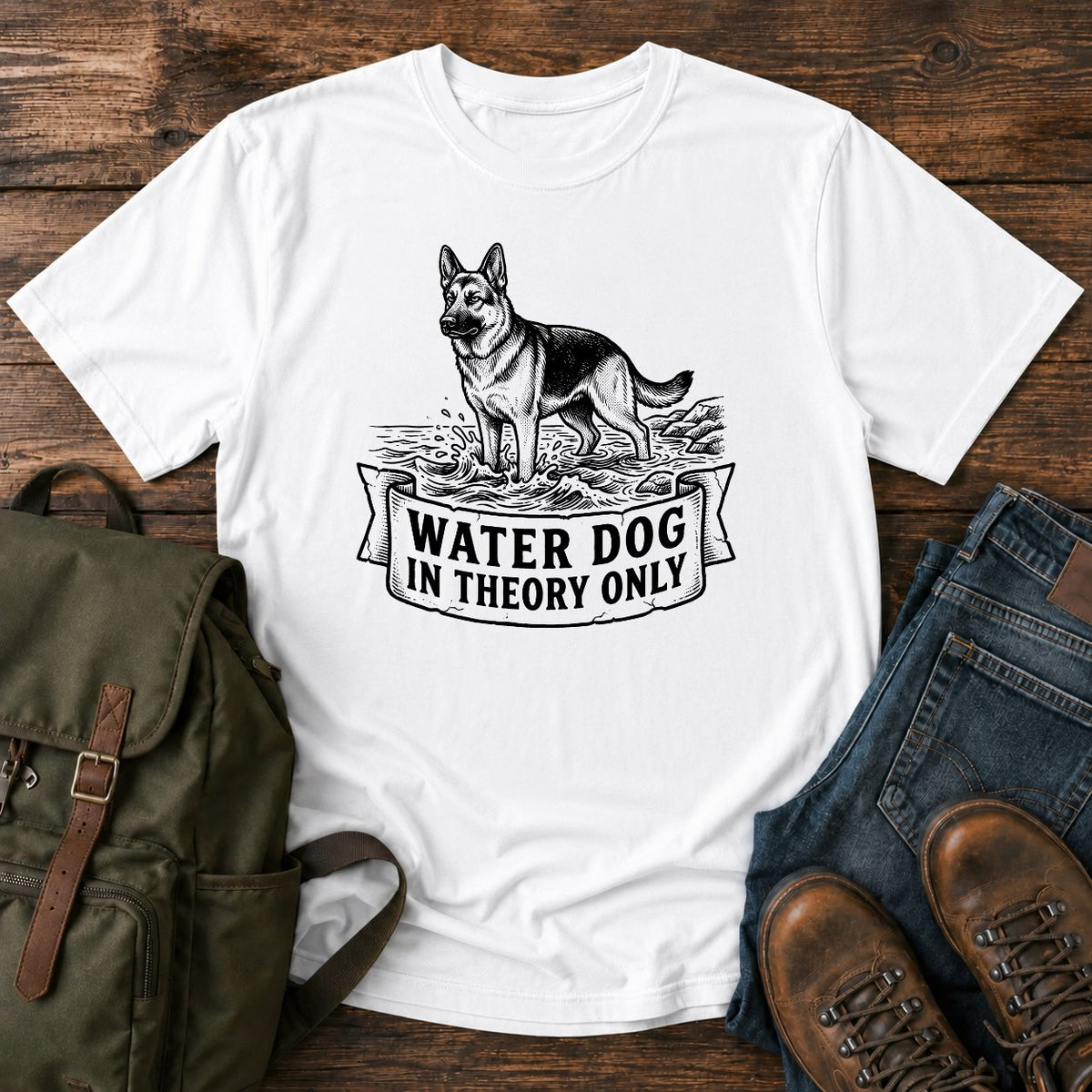 German Shepherd reluctant swimmer paddling t-shirt design with Water Dog text.