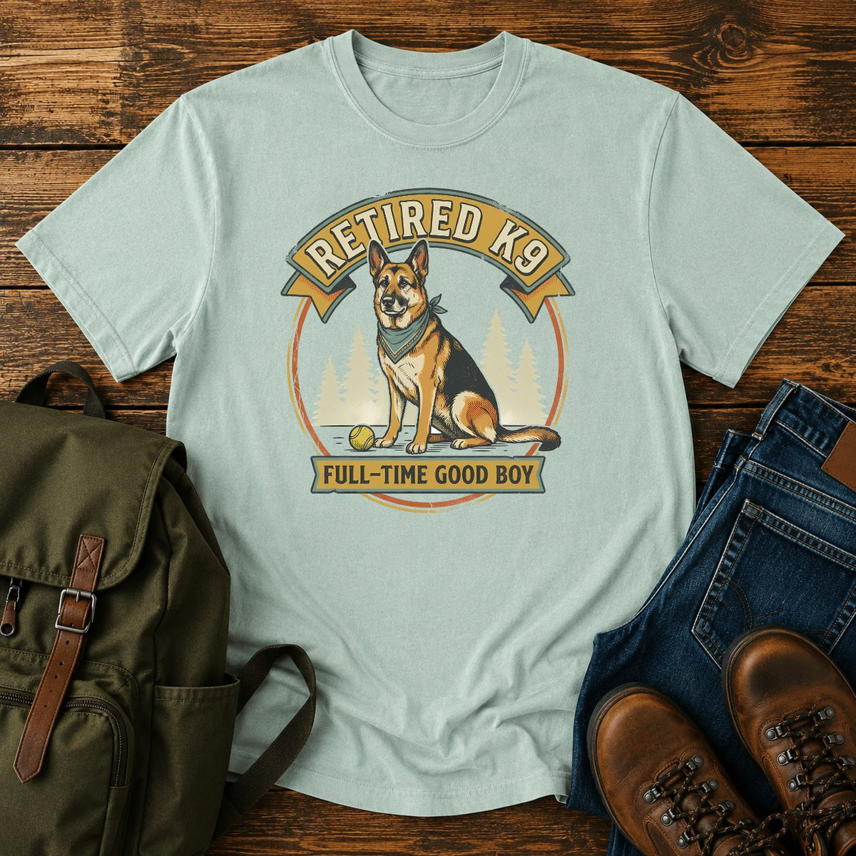 German Shepherd retired K9 t-shirt design with a proud good boy portrait