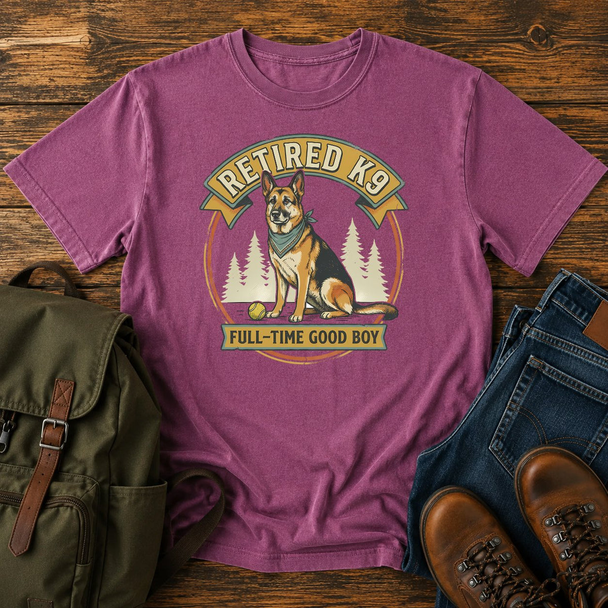 German Shepherd retired K9 t-shirt design with a proud good boy portrait