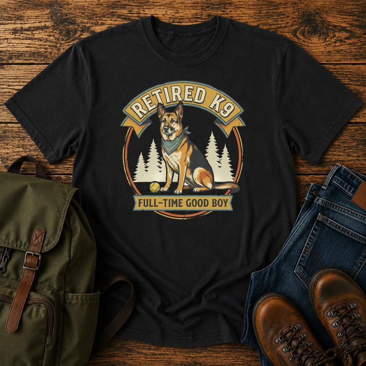 German Shepherd retired K9 t-shirt design with a proud good boy portrait