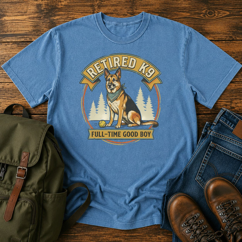 German Shepherd retired K9 t-shirt design with a proud good boy portrait