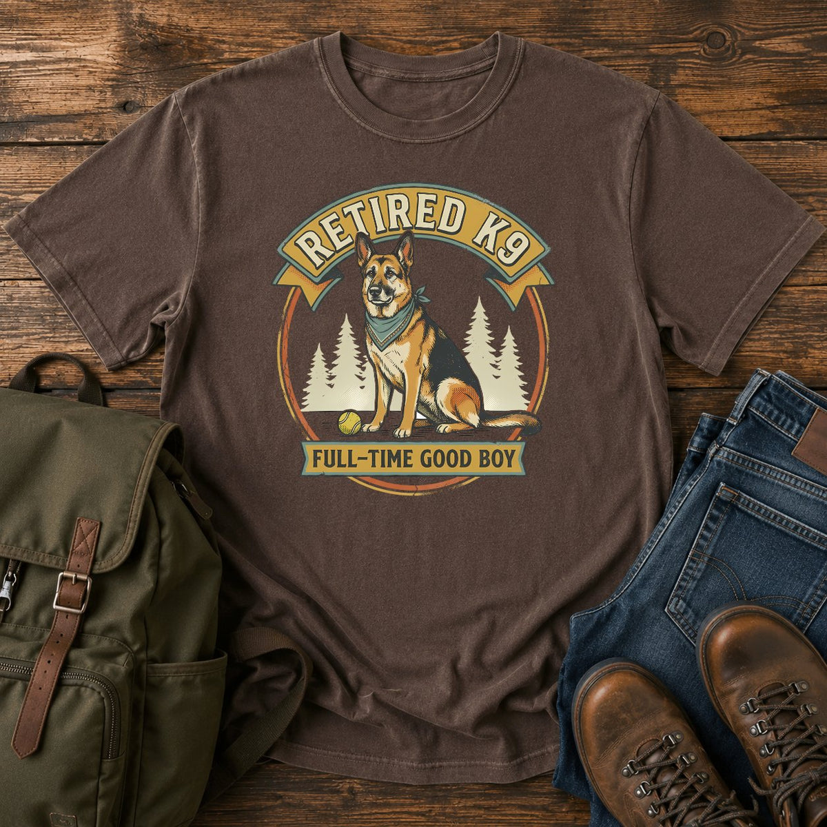 German Shepherd retired K9 t-shirt design with a proud good boy portrait
