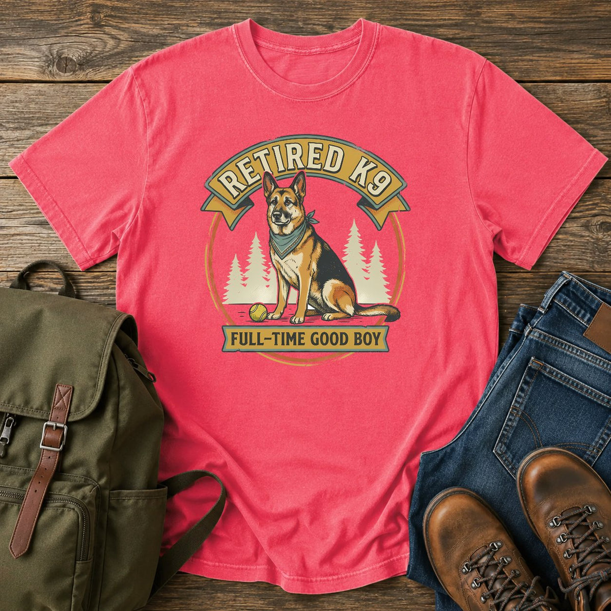 German Shepherd retired K9 t-shirt design with a proud good boy portrait